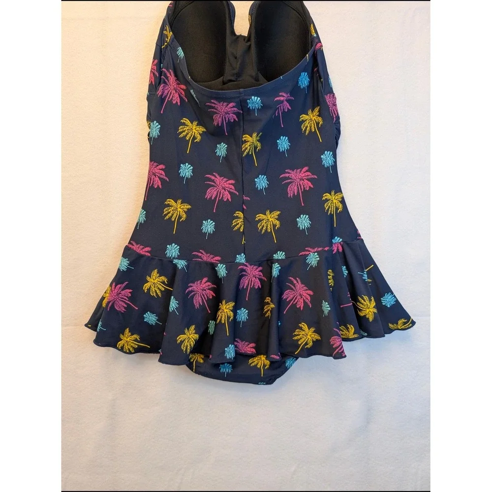 Shore Shapes Navy Blue Neon Palm Tree Ruched Halter Swim Dress One Piece Size 10